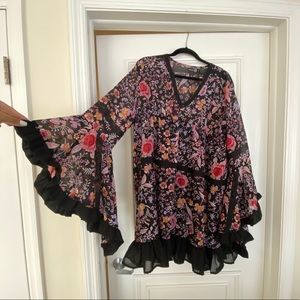 Boohoo black floral dress with long sleeve flare